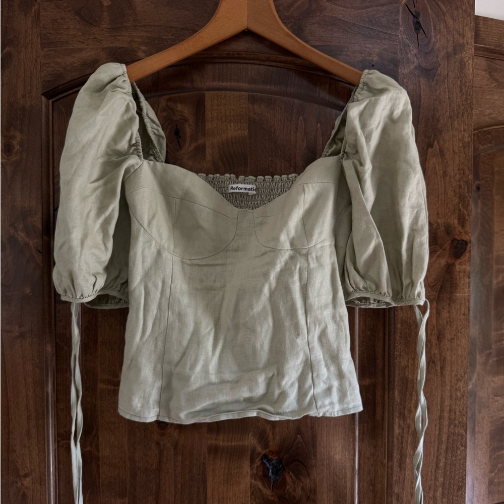 Reformation Green Puff Sleeve Crop Blouse